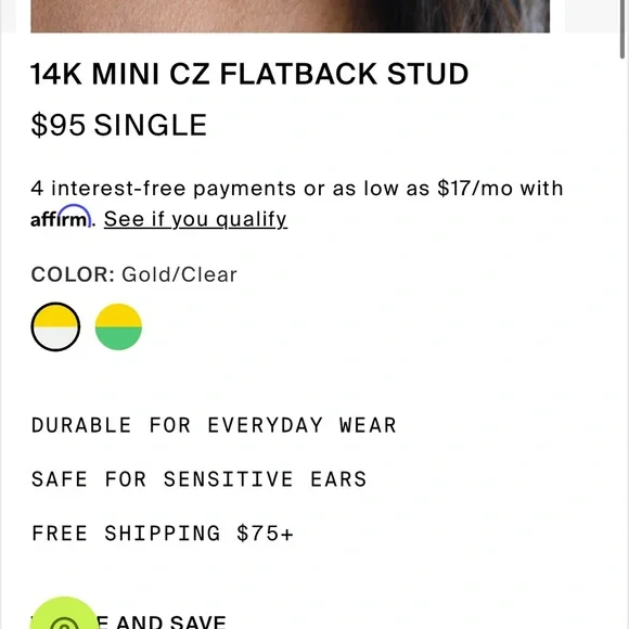 14K Gold Mini CZ Flatback Stud (Pair 2 earrings)